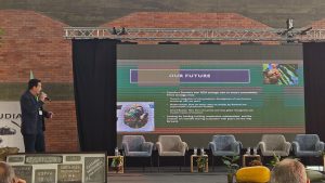 Ponente presenta plan estratégico ante pantalla y público